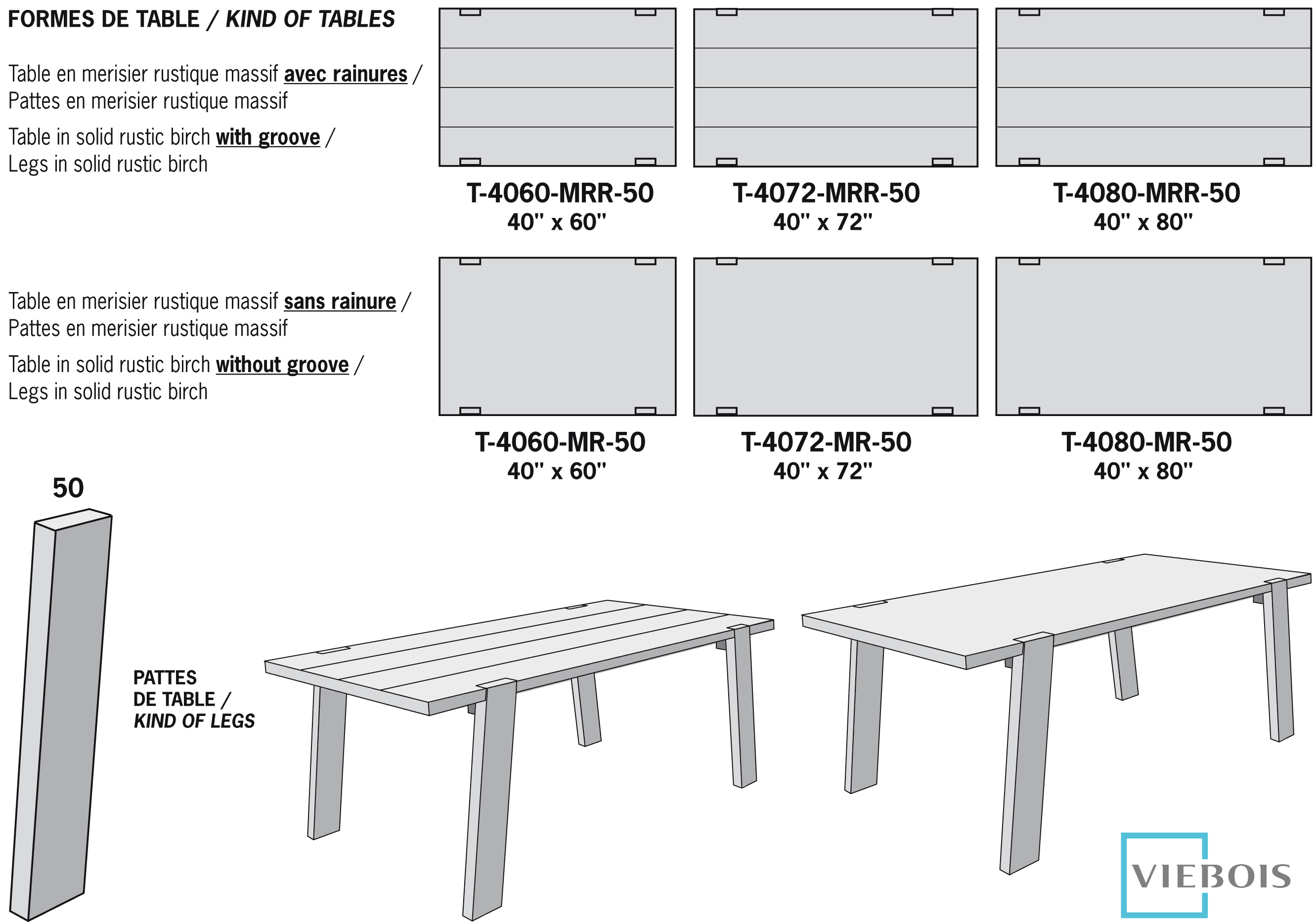 Table in solid rustic birch with groove